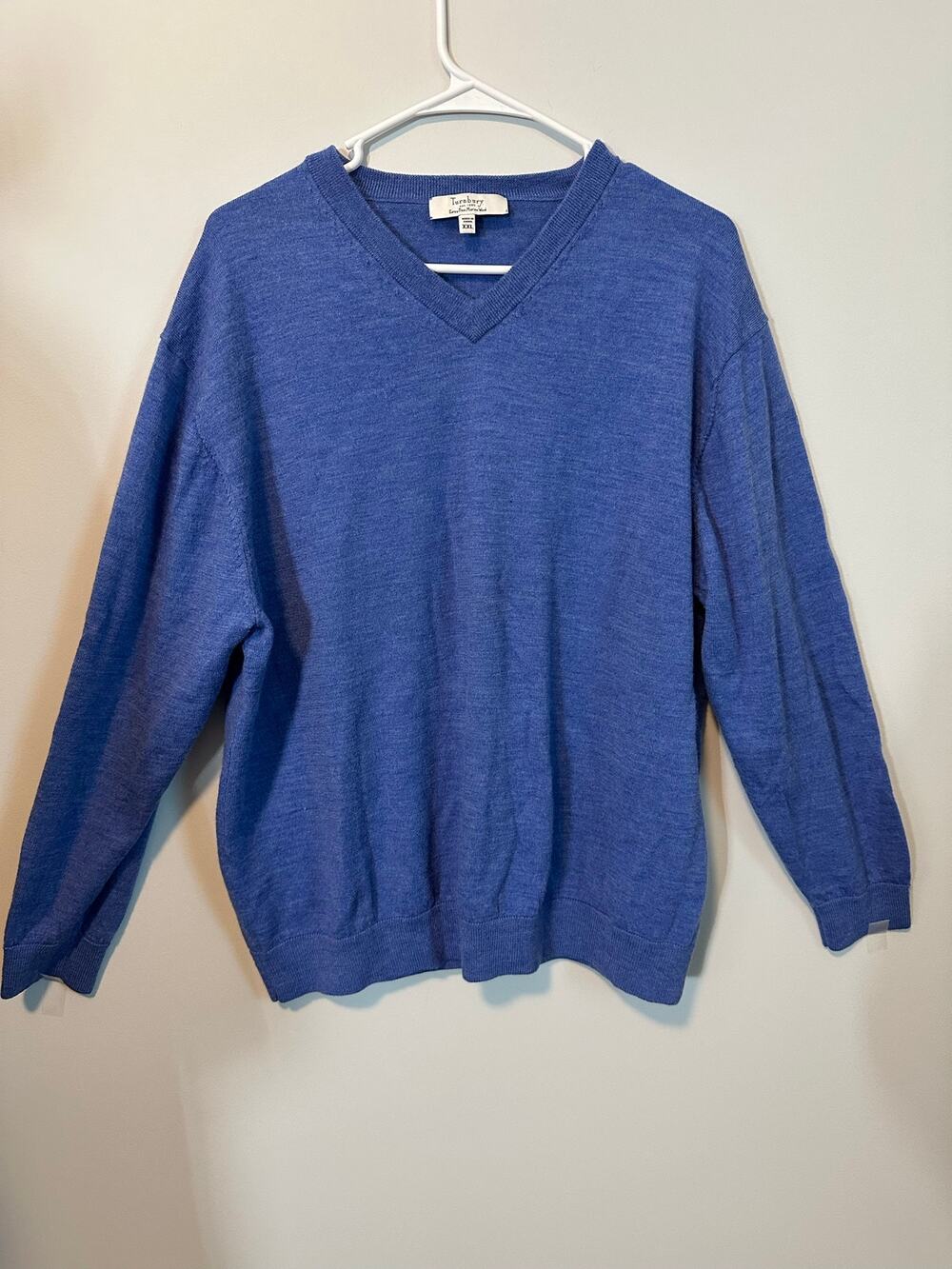 Turnbury Mens XXL 100% Merino Wool Sweater Blue V Neck Preppy Old Money Classic